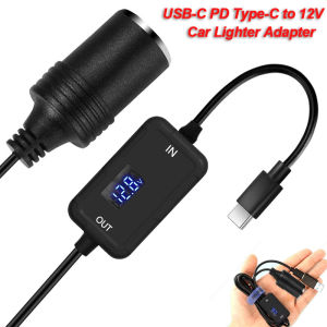 USB-C PD Type-C to 12V Car Charger Lighter Adapter with Voltage Voltmeter C 5V to 12V Step Up Socket Converter Cable
