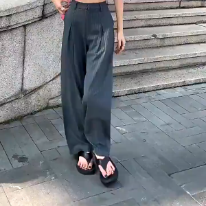 Women Vertical Stripe Straight-Leg Wide Leg Pants Slim Fit Casual Wear Loose Pants