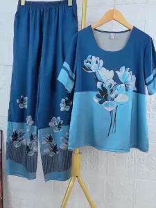 Bộ trung niên quần dài tay ngắn cổ tròn in hoa lụa latin cao cấp có size