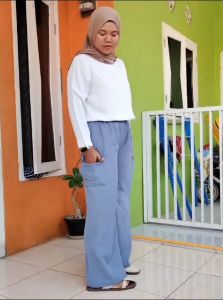 celana kulot panjang wanita jumbo XXL kantong cargo knit jepang tebal dan melar