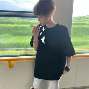 Pure Cotton American Retro Street Bird Short Sleeve T-Shirt Mens Trendy Loose Summer Versatile Student Top Thin