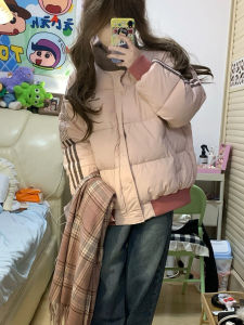 Áo Khoác Lông Vũ Kẻ Sọc American Patchwork Cho Nữ Dáng Rộng Mùa Đông 2025 Phong Cách Hàn Quốc Màu Tương Phản Áo Khoác Cotton Dài Tay