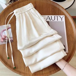 Chinese Style Satin Palazzo Pants High Waist Drapey Tapered Ice Silk Cool
