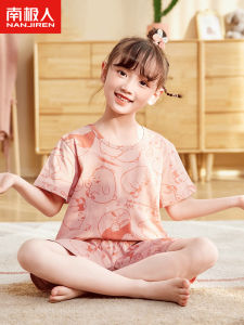 Pure Cotton Summer New Style Short Sleeve Girls Sleepwear Set Childrens Home Clothes Casual Breathable Air Conditioning Suit