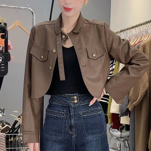 Áo Khoác Da Ngắn Thời Trang Xuân Thu Cho Nữ Thường Ngày Dài Tay Thường Chất Liệu Polyester 100% Áo Khoác Ngoài Thời Trang