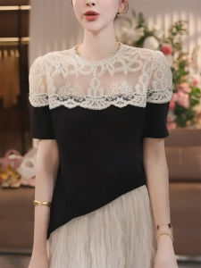 QINGNAER | Lace Patchwork Illusion Two-Piece See-Through Short Sleeve T-Shirt Big Size