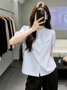 SHUAIYUE | Áo Sơ Mi Tay Ngắn Nếp Li Màu Xanh Nhạt Đơn Giản