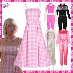 2023 Movie Barbie Pink Dress Margot Elise Robbie Same Sequin Jumpsuit Ken Cosplay Costume With Hat Men Woman Sand Party Beachwear