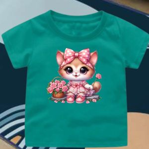 Kaos Anak Cewek Motif Kucing Pink Bawa Bunga Kaos Oblong Anak Cewek Lengan Pendek 2-12 Tahun