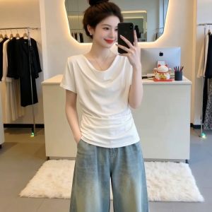 AIYITI | Oversized Short Sleeve V-Neck T-Shirt Summer New Style FatMM Waist-cinching Slim-fit Blouse