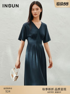 Elegant Pleated Waist Cinching Three-acetate Dress INSUN Commute Simple Splicing Mid-waist A-line Midi Dress Summer