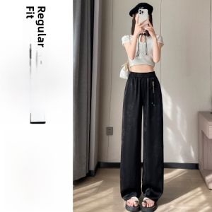 High Waist Narrow Version Summer Thin Acetate Satin Casual Pants Womens Wide Leg Ice Silk Loose Fit Commute Style Straight Leg