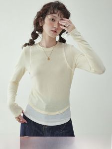 Slim Fit round Neck T-Shirt Womens Base Layer Top Spring Autumn New Style AMUU Original Design Sense Splice Thin Shirt