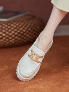 Spring Autumn Genuine Leather White Women Thick Bottom Quirky Single Shoes British Style Metal Buckle Little Leather Shoes Lazy Loafers