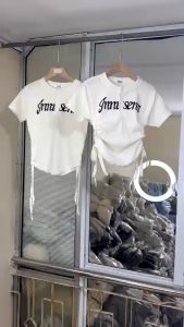 [Hoàn tiền 20%] Áo Thun Croptop Tay ngắn Dáng ôm phối dây rút 2 bên màu be chất tăm zip