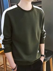 Mens Sweatshirt loose round neck long sleeve T-shirt simple stripe sweater youth casual top cotton mens T-shirt