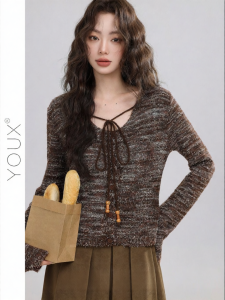 YOUXIANG | Đồ Knit nữ cổ V dáng Retro buộc nơ ren