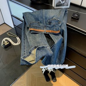 กางเกงยีนส์ขากว้างเอวสูงสไตล์ย้อนยุคสำหรับผู้หญิง กางเกงขายาวทรงตรงสีน้ำเงิน กระเป๋า กางเกงยีนส์ทรงสลิมฟิต