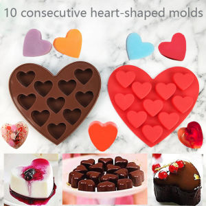 1/2PCS Silicone 10 Consecutive Heart-shaped Molds DIY10 Heart Shaped Ice Grid High Temperature Resistant Jelly Pudding Cake Mold