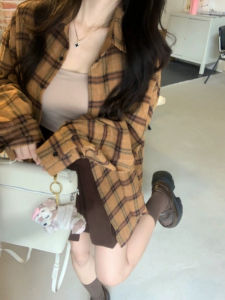 Hong Kong Style Retro Yellow Gingham Shirt Coat Womens Summer Idle Style Loose Casual Sun-Proof Plaid Shirt Tops