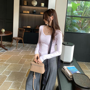 Pink Long Sleeve V-Neck T-Shirt Womens Simple Elegant High-End Feeling Autumn New Style Chest Pad Included Daily Wear Ladies Top