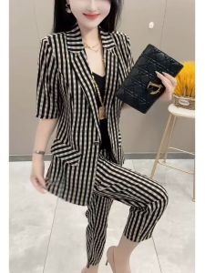 Slimming Fashionable Summer 2025 Womens Short Sleeve Plaid Suit Set Casual High Waist Pants Button up Polyester Fiber Two-Piece Set