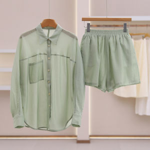 Summer Thin Pure Color Loose Shirt Shorts Set For Women