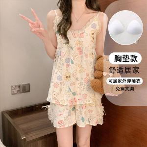 ชุดนอนผ้าฝ้ายพิมพ์ลายคอวีหวานสําหรับผู้หญิงชุดชั้นในฤดูร้อนพร้อมกางเกงขาสั้นแผ่นหน้าอกและชุดนอนสองชิ้นยอดนิยม