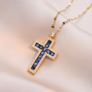 Luxury Purple White Zircon Big Cross Pendant Clavicle Necklaces For Women Stainless Steel Chains Choker Birthday Jewelry Gifts