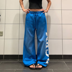 American Style Wide Leg Pants Printed Casual Loose Fit Drawstring Sweatpants High Waist Cotton Blend Straight Cut Trousers