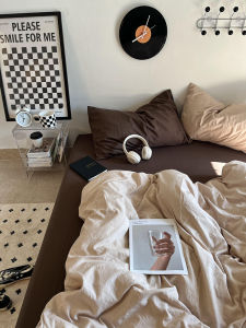 Soft Washed Cotton Bedding Set Quartet Trio Pure Color Reversible Double Stitched Fitted Sheet Duvet Cover Pillowcase