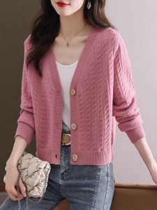 เสื้อคาร์ดิแกนถักสั้นสำหรับผู้หญิง ฤดูใบไม้ผลิและฤดูใบไม้ร่วง เสื้อคลุมกันหนาวแบบบาง ชุดเดรส แขนยาว คอวี กระดุมเดียว สีพื้น