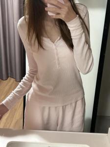 BM Light Pink round Neck Long Sleeve T-Shirt Womens Slim Fit Base Shirt Inner Wear Cotton Commute Style Pure Color