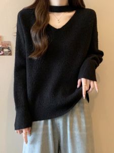 Áo Len Cổ Chữ V Hở Vai Cỡ Lớn Cho Nữ Mùa Thu Đông Ấm Áp Thoải Mái Thường Ngày Dài Tay Màu Trơn Áo Len Dệt Kim