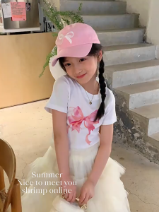 ⚡ พร้อมส่ง ⚡เสื้อเด็ก เสื้อยืดเด็กผู้หญิง แฟชั่นโบว์พิมพ์ าฝ้ายแท้แขนสั้น 6-14 ปี