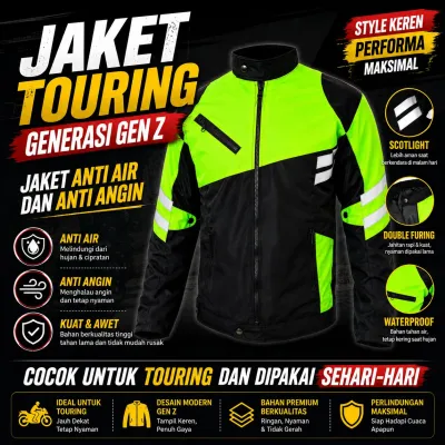 Jaket touring generasi Gen Z anti air dan anti angin biru dengan fit modern dan desain stylish cocok untuk touring dan dipakai sehari-hari.
