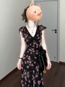 SUSIEYUAN | ชุดเดรสยาวแขนกุดลายดอกไม้สีดำสไตล์ฝรั่งเศส ชุดเดรสฤดูร้อนสำหรับผู้หญิง 2025 ใหม่ล่าสุด เดรสยาวคลุมสะโพกสวยงาม