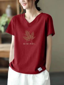Export Export Big Sale Pure Cotton Tops V-neck Short Sleeve Loose Western Style Leisure Womens Plus Size Ladies Fashion T-shirt