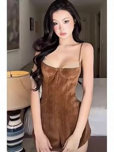 French Velvet Mixed Color Strap Jumpsuit For Women High Quality Waist Slim Wide Leg