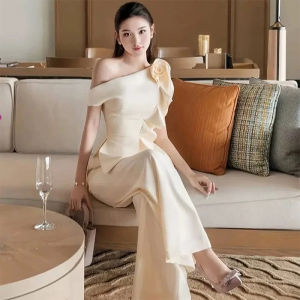 Elegant French Style 3D Floral Off-shoulder Top and Pants Set