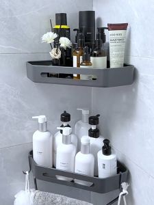 ชั้นวางสามเหลี่ยมในห้องน้ำสีเทา ไม่ต้องเจาะ ติดผนัง ฉากยึดห้องน้ำ ชั้นวางของเข้ามุม