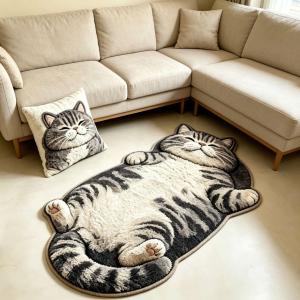 VIKAMA Silver Shorthair Cat Doormat 2D In Flannel Chống Trơn Trượt Chống Thấm Nước Phong Cách Hiện Đại Thảm Trải Sàn Polyester Cho Phòng Ngủ Trang Trí Động Vật