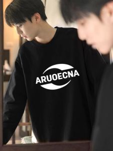 เสื้อยืดแขนยาวผู้ชายสไตล์อเมริกัน ผ้าฝ้ายแท้ ทรงหลวม ฤดูใบไม้ผลิและฤดูใบไม้ร่วง เสื้อเชิ้ตคอกลมลายตัวอักษรสำหรับคู่รัก