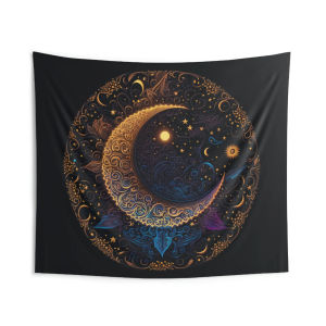 VIKAMA Black Gold Star Moon Mandala Tapestry Mysterious Background Cloth Dark Black Wind Living Room Room Decoration