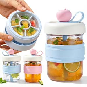 Leakproof Straw Water Bottle Built-in Ice Cube Tray / Simple Press Design Easy Take Out Ice Cubes / Freezer Safe Reusable Ice Making Container / Ideal Chilling Bottle for Whiskey Iced Coffee Smoothies and Daily Cold Drinks