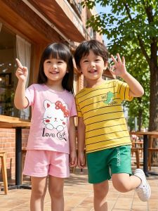 Bộ Áo Thun Quần Short Thể Thao Hè Cho Bé Trai Gái Chất Liệu Cotton