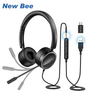 New Bee H360 USB Headset with Microphone Study Headphone with 3.5mm Jack HD Mic Comfortable Light Weight Business/Study Style for PC/Laptop Android