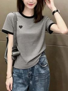 Korean Style Grey-Black Striped Loose Matching Embroidered Women T-Shirt