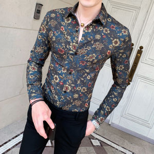 Slim Fit Long Sleeve Mens Shirt Spring Autumn High End Fashion Floral Print Hairstylist Recommended Trendy Korean Style