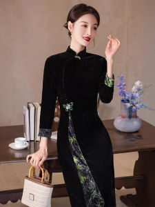 Young Style Velvet Qipao Dress Female New Chinese Version LOGULEYA 2024 Autumn Winter Thickened Long Sleeve Midi Dress